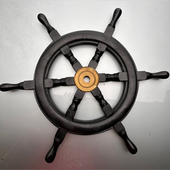 Vintage Nautical Handcrafted Black Wooden and Brass Ship Wheel - Picture 4 of 4